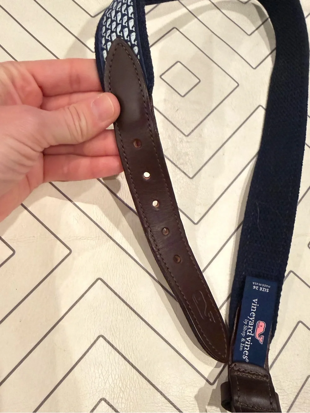 Vineyard Vines Navy Blue & White Whale Belt with Brown Leather Trim